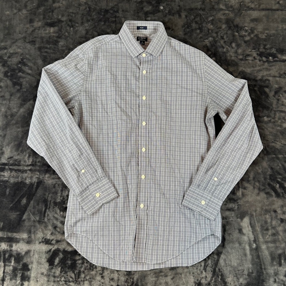 J.Crew Performance Shirt Mens Medium Blue White Plaid Slim Fit Long Sleeve